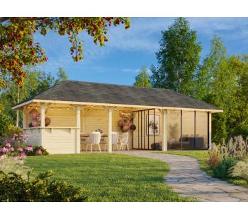 Zahradní domek s pergolou Bianca 24,9 m2 (s posuvnými dveřmi s dvojitým sklem) - Set 515 Zahradní domek s pergolou Bianca 24,9 m2 (s posuvnými dveřmi s dvojitým sklem) - Set 515