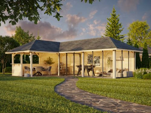 Zahradní domek s pergolou Bianca 33,2 m2  (s posuvnými dveřmi s dvojitým sklem) - Set 521