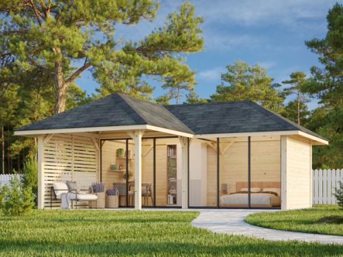 Zahradní domek s pergolou Bianca 24,9 m2  (s posuvnými dveřmi s dvojitým sklem) - Set 513