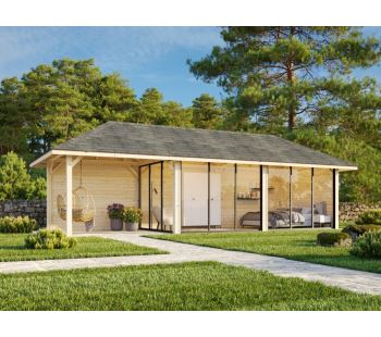 Zahradní domek s pergolou Bianca 24,9 m2 (s posuvnými dveřmi s dvojitým sklem) - Set 517 Zahradní domek s pergolou Bianca 24,9 m2 (s posuvnými dveřmi s dvojitým sklem) - Set 517