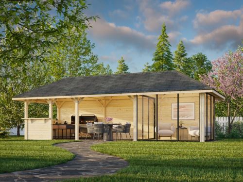 Zahradní domek s pergolou Bianca 24,9 m2  (s posuvnými dveřmi) - Set 216
