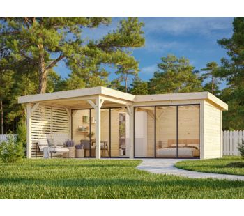 Zahradní domek Lenna 16,6 m2 s přístřeškem 8,3 m2 (se stěnou) s 2 posuvnými dveřmi s dvojitým sklem (Set 713) Zahradní domek Lenna 16,6 m2 s přístřeškem 8,3 m2 (se stěnou) s 2 posuvnými dveřmi s dvojitým sklem (Set 713)