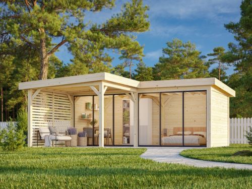 Zahradní domek Lenna 16,6 m2 s přístřeškem 8,3 m2  (se stěnou)  s 2  posuvnými dveřmi s dvojitým sklem