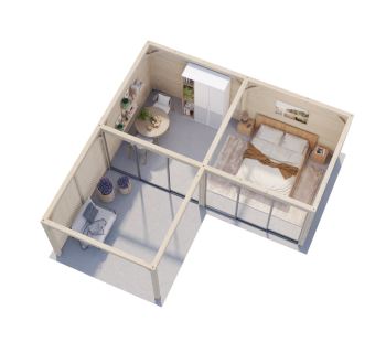 Zahradní domek Lenna 16,6 m2 s přístřeškem 8,3 m2  (se stěnou)  s 2  posuvnými dveřmi s dvojitým sklem (Set 713) (2)