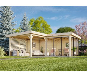 Zahradní domek Lenna 16,6 m2 s přístřeškem 8,3 m2 (se stěnou) s 3 posuvnými dveřmi (Set 414) Zahradní domek Lenna 16,6 m2 s přístřeškem 8,3 m2 (se stěnou) s 3 posuvnými dveřmi (Set 414)