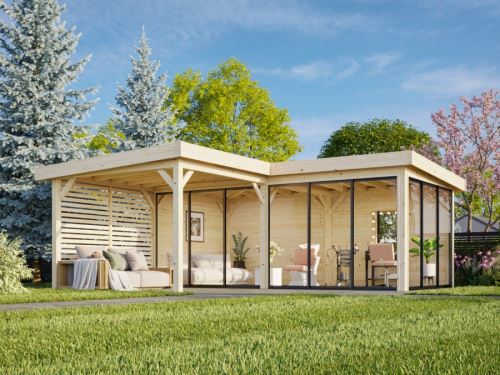 Zahradní domek Lenna 16,6 m2 s přístřeškem 8,3 m2  (se stěnou)  s 3 posuvnými dveřmi