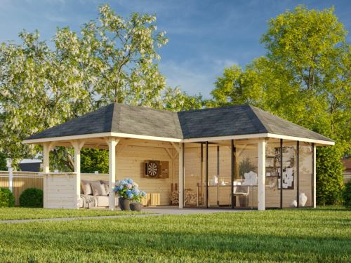 Zahradní domek s pergolou Bianca 24,9 m2  (s posuvnými dveřmi s dvojitým sklem) - Set 510