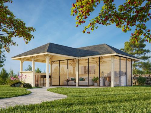 Zahradní domek s pergolou Bianca 24,9 m2  (s posuvnými dveřmi) - Set 223