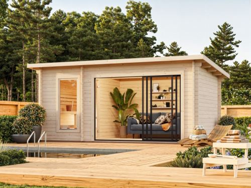 Sauna Sanna 12,8 m2 s posuvnými dveřmi s dvojitým sklem