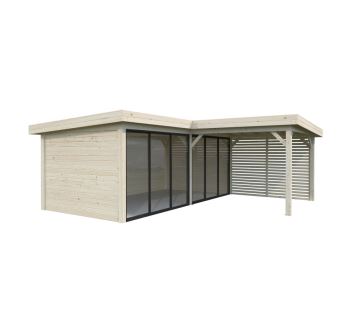 Zahradní domek Lenna 16,6 m2 s přístřeškem 8,3 m2  (se stěnou)  s 2  posuvnými dveřmi s dvojitým sklem (Set 713) (6)