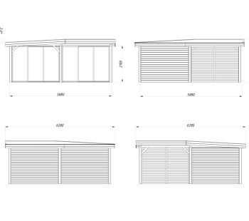 Zahradní domek Lenna 16,6 m2 s přístřeškem 8,3 m2  (se stěnou)  s 2  posuvnými dveřmi s dvojitým sklem (Set 713) (3)